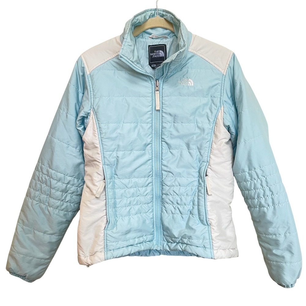 The North Face Womens Light Blue White Quilted Puffer Jacket Small Full Zip Coat
